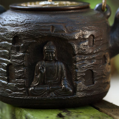 Cast Iron Teapot Buddha Carved Tetsubin 1300ml Copper Lid