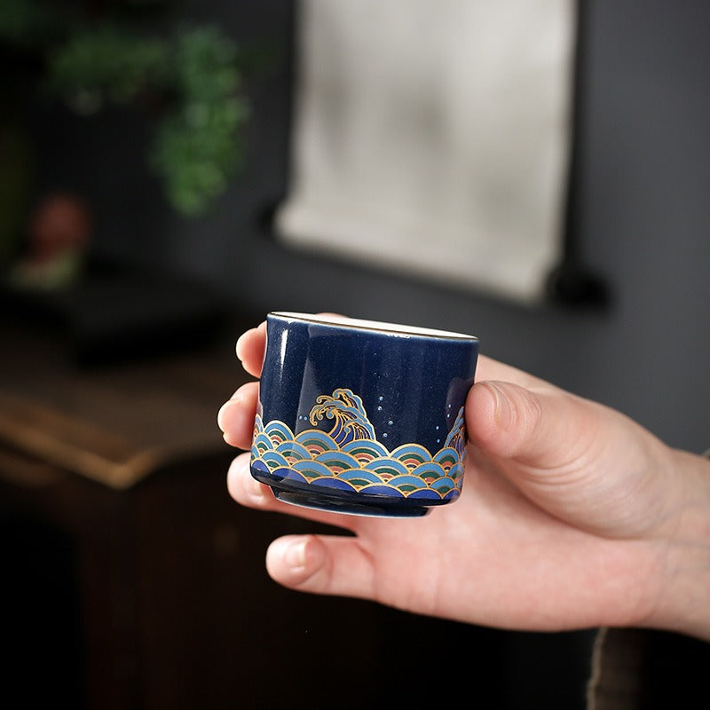 Automatic Gongfu Tea Set Ji Blue Glaze Sea Wave 10-Piece
