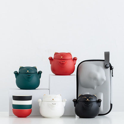 Travel Tea Set – Maneki Neko Ceramic Teapot & 2 Cups with Bag