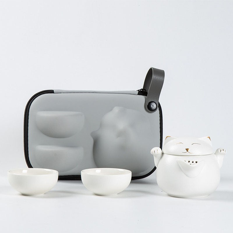 Travel Tea Set – Maneki Neko Ceramic Teapot & 2 Cups with Bag