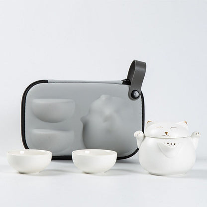 Travel Tea Set – Maneki Neko Ceramic Teapot & 2 Cups with Bag