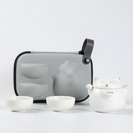 Travel Tea Set – Maneki Neko Ceramic Teapot & 2 Cups with Bag