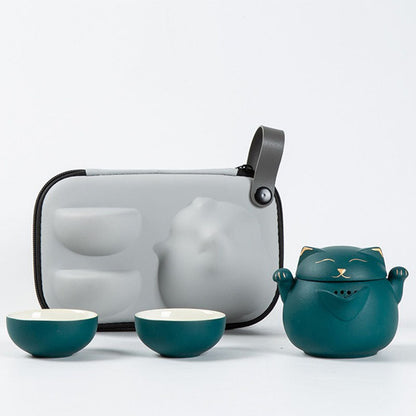 Travel Tea Set – Maneki Neko Ceramic Teapot & 2 Cups with Bag