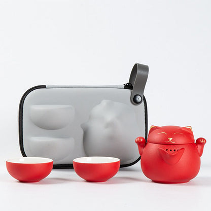 Travel Tea Set – Maneki Neko Ceramic Teapot & 2 Cups with Bag