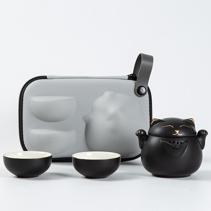 Travel Tea Set – Maneki Neko Ceramic Teapot & 2 Cups with Bag