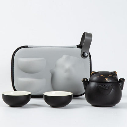 Travel Tea Set – Maneki Neko Ceramic Teapot & 2 Cups with Bag