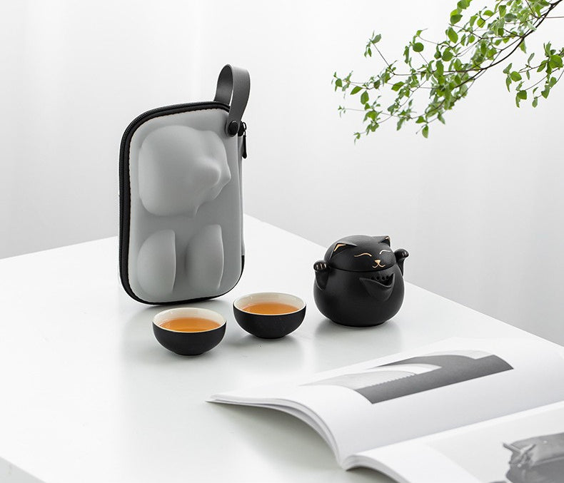 Travel Tea Set – Maneki Neko Ceramic Teapot & 2 Cups with Bag