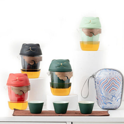 Travel Tea Set – Fortune Cat Ceramic Teapot, 3 Cups & Bamboo Lid