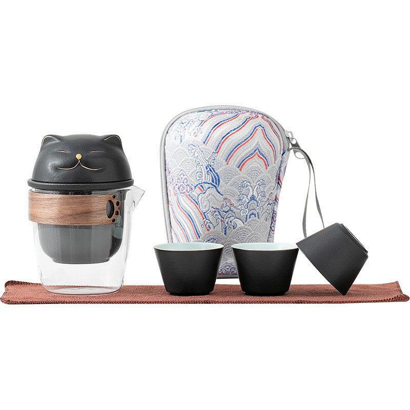 Travel Tea Set – Fortune Cat Ceramic Teapot, 3 Cups & Bamboo Lid