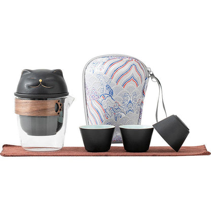Travel Tea Set – Fortune Cat Ceramic Teapot, 3 Cups & Bamboo Lid