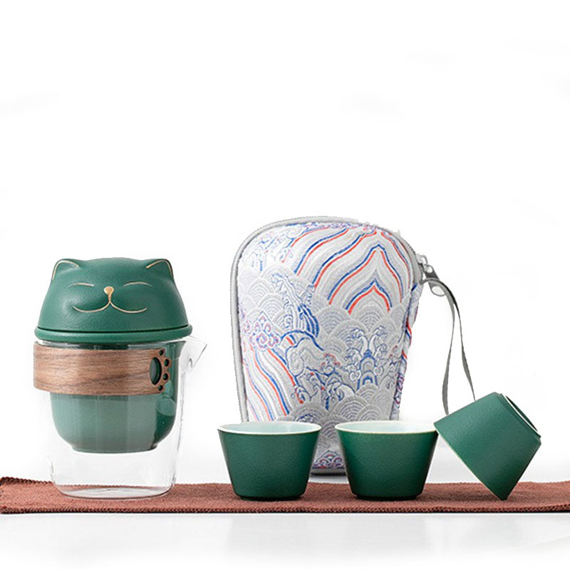 Travel Tea Set – Fortune Cat Ceramic Teapot, 3 Cups & Bamboo Lid