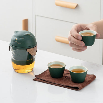 Travel Tea Set – Fortune Cat Ceramic Teapot, 3 Cups & Bamboo Lid
