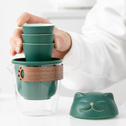 Travel Tea Set – Fortune Cat Ceramic Teapot, 3 Cups & Bamboo Lid