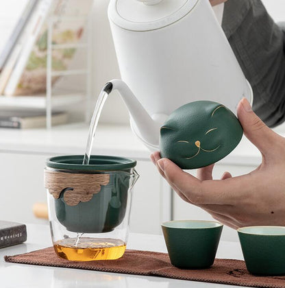 Travel Tea Set – Fortune Cat Ceramic Teapot, 3 Cups & Bamboo Lid