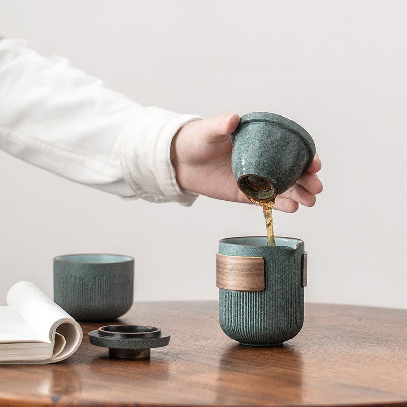 Travel Tea Set Bluestone Glaze Celadon 190ml Portable With Bag