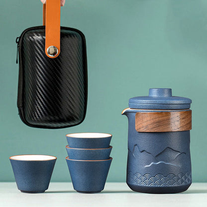 Travel Tea Set Ceramic Nested – Mountain Design 4 Cups & Bag
