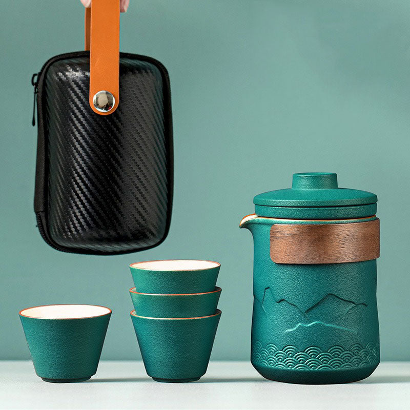 Travel Tea Set Ceramic Nested – Mountain Design 4 Cups & Bag