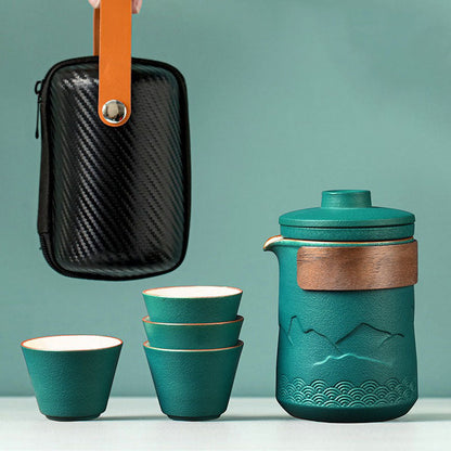 Travel Tea Set Ceramic Nested – Mountain Design 4 Cups & Bag