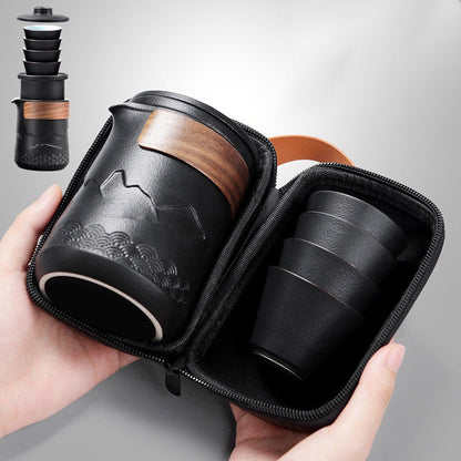 Travel Tea Set Ceramic Nested – Mountain Design 4 Cups & Bag