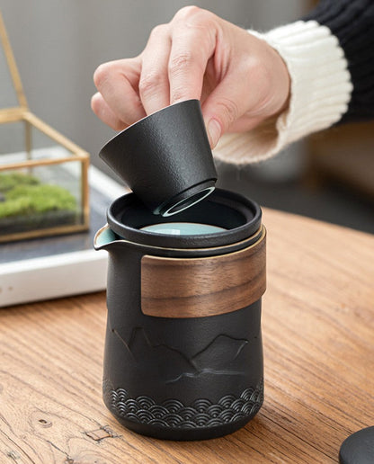 Travel Tea Set Ceramic Nested – Mountain Design 4 Cups & Bag
