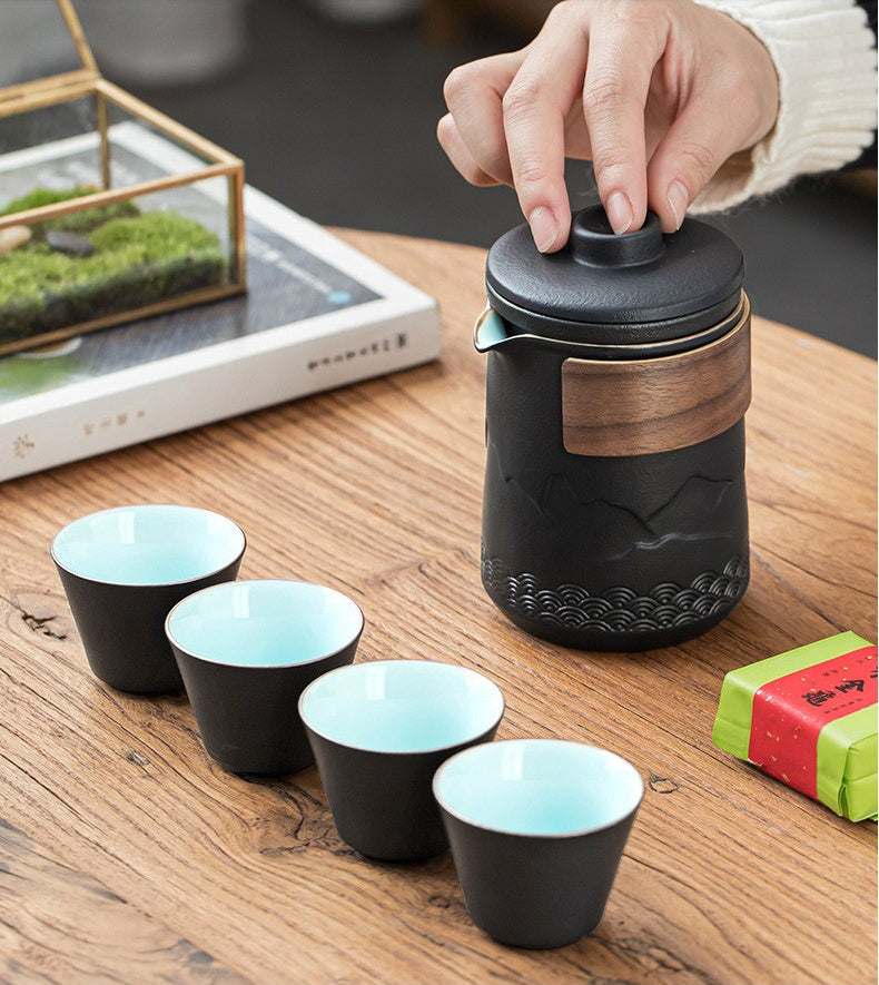 Travel Tea Set Ceramic Nested – Mountain Design 4 Cups & Bag