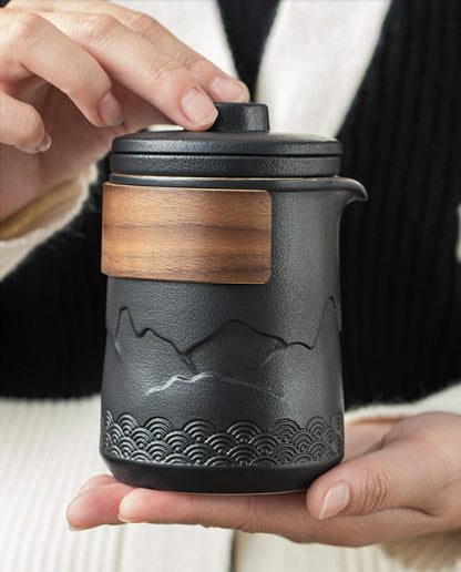 Travel Tea Set Ceramic Nested – Mountain Design 4 Cups & Bag