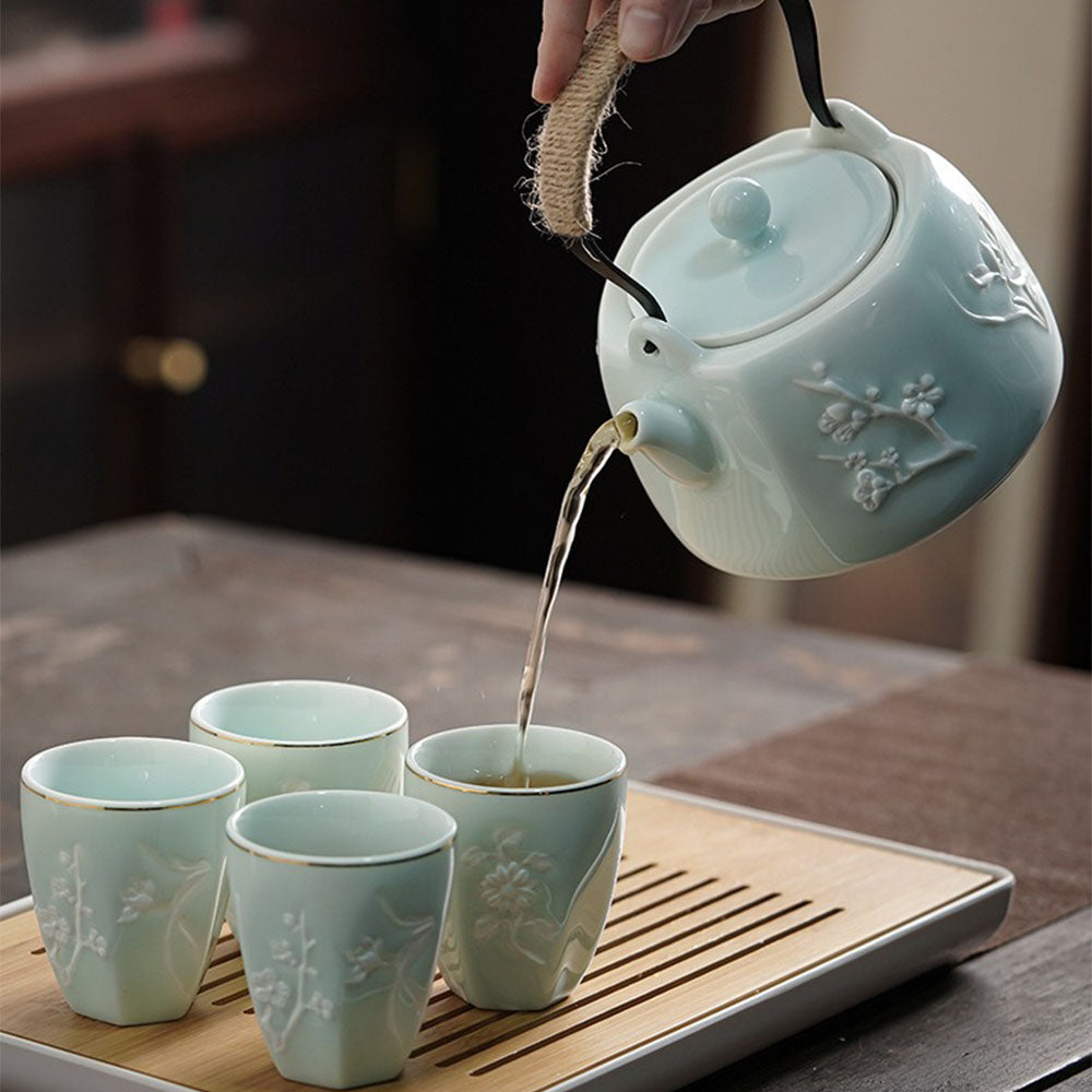 Tea Set Mikawachi-yaki Porcelain Teapot with Cups & Tray