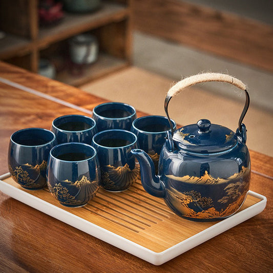 Japanese Porcelain Tea Set with Tray Blue Landscape 8-Piece