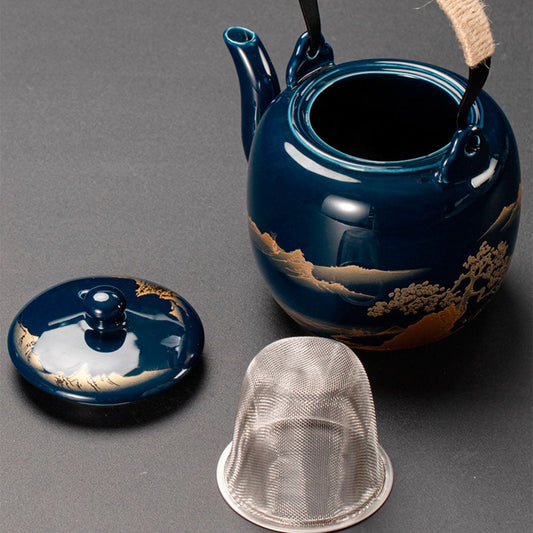 Japanese Porcelain Tea Set with Tray Blue Landscape 8-Piece