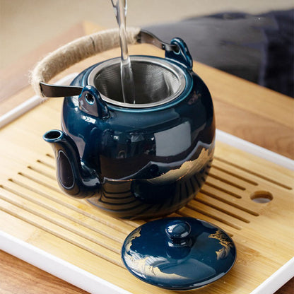 Japanese Porcelain Tea Set with Tray Blue Landscape 8-Piece