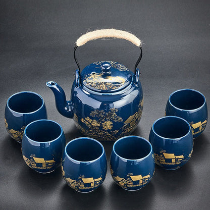 Japanese Porcelain Tea Set with Tray Blue Landscape 8-Piece
