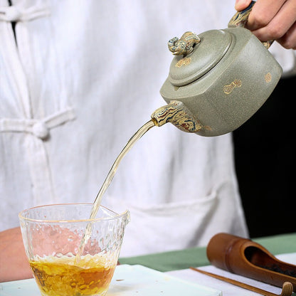 Elephant Teapot Yixing Green Clay Handmade Square Handle 300ml