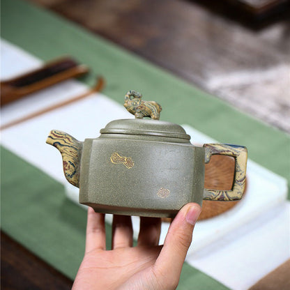 Elephant Teapot Yixing Green Clay Handmade Square Handle 300ml