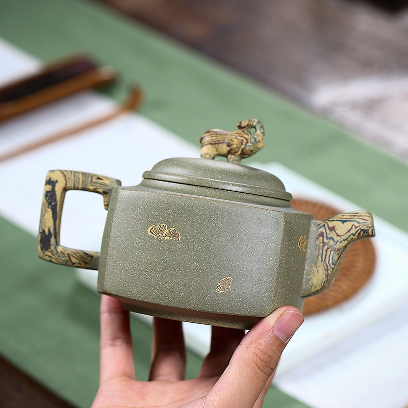 Elephant Teapot Yixing Green Clay Handmade Square Handle 300ml