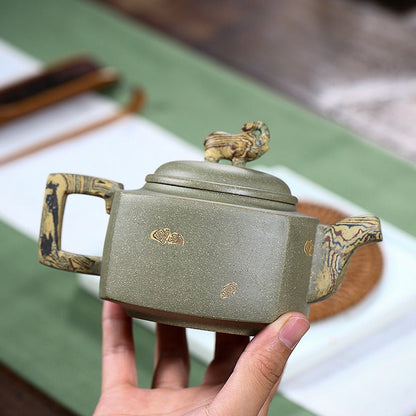 Elephant Teapot Yixing Green Clay Handmade Square Handle 300ml