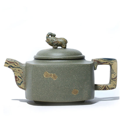 Elephant Teapot Yixing Green Clay Handmade Square Handle 300ml