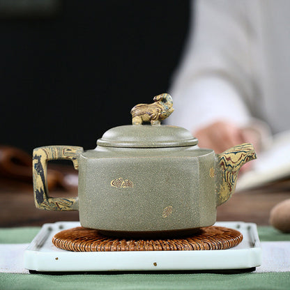 Elephant Teapot Yixing Green Clay Handmade Square Handle 300ml