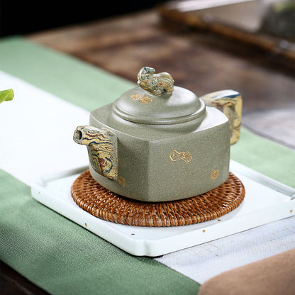 Elephant Teapot Yixing Green Clay Handmade Square Handle 300ml