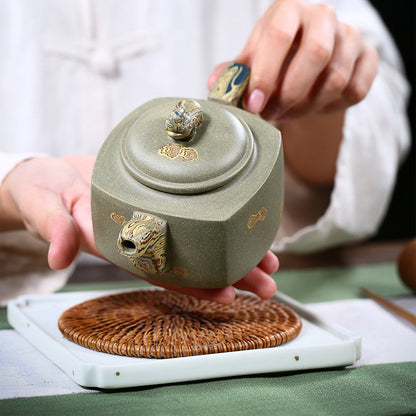 Elephant Teapot Yixing Green Clay Handmade Square Handle 300ml