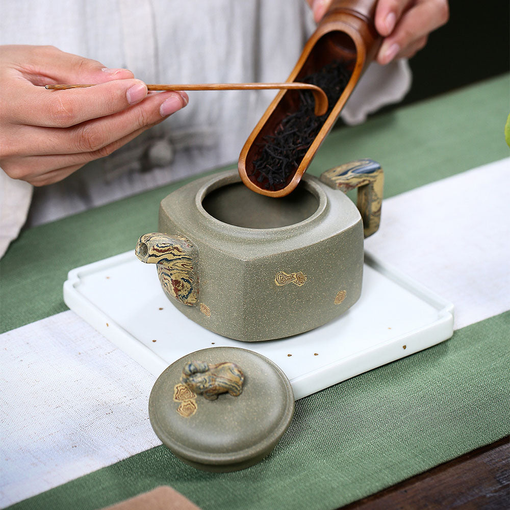 Elephant Teapot Yixing Green Clay Handmade Square Handle 300ml