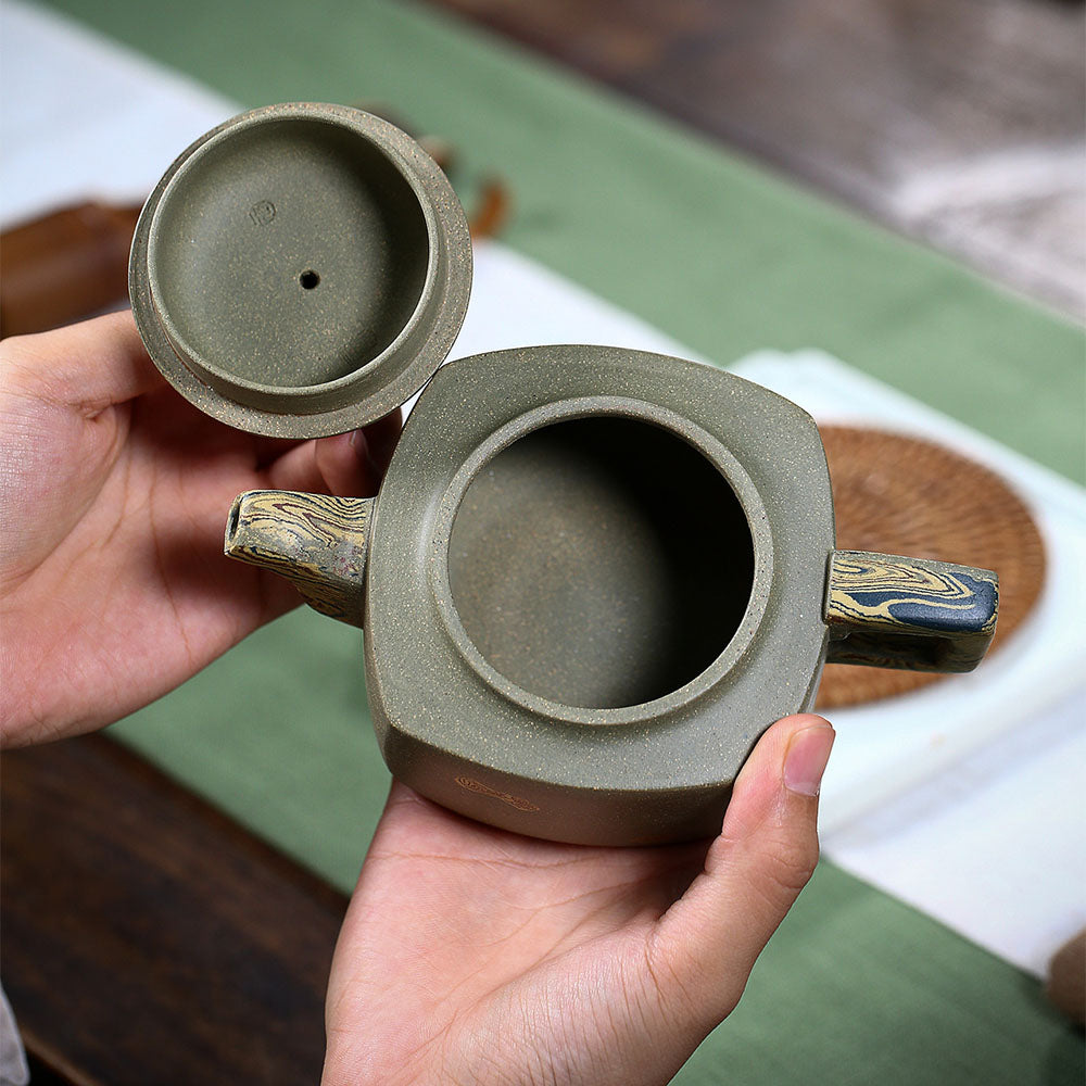 Elephant Teapot Yixing Green Clay Handmade Square Handle 300ml