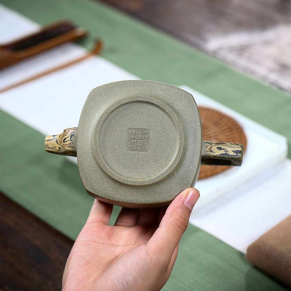 Elephant Teapot Yixing Green Clay Handmade Square Handle 300ml