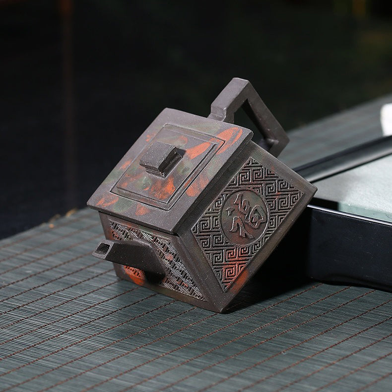 Square Teapot Yixing Black Clay Happiness Longevity 200ml Gift