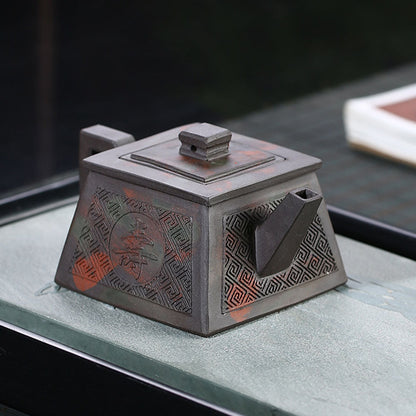 Square Teapot Yixing Black Clay Happiness Longevity 200ml Gift