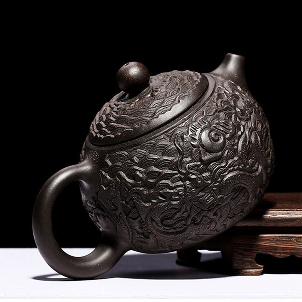 Black Clay Teapot Yixing Dragon Carved Gongfu 300ml