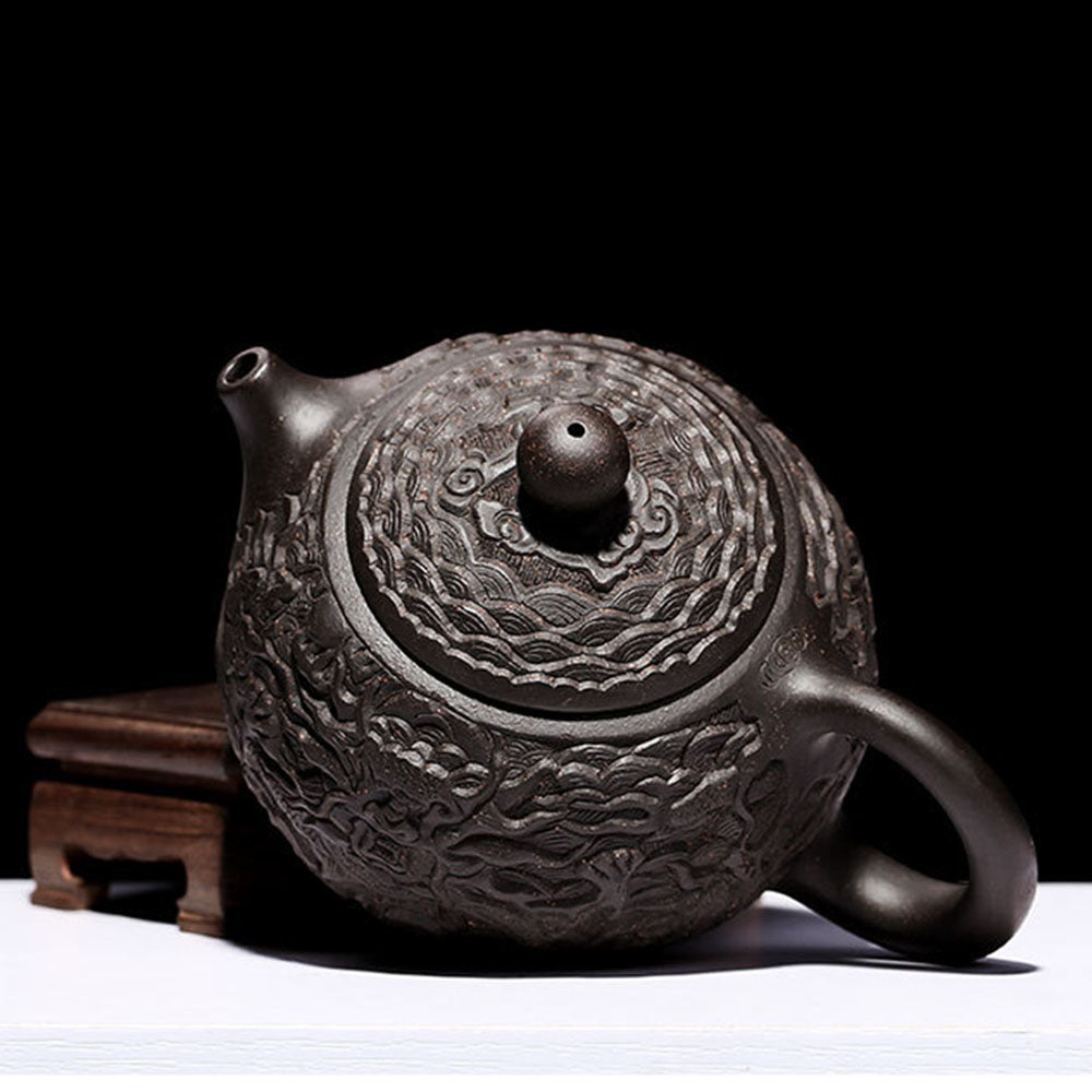 Black Clay Teapot Yixing Dragon Carved Gongfu 300ml