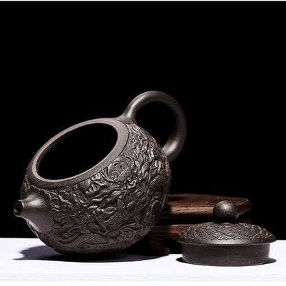 Black Clay Teapot Yixing Dragon Carved Gongfu 300ml