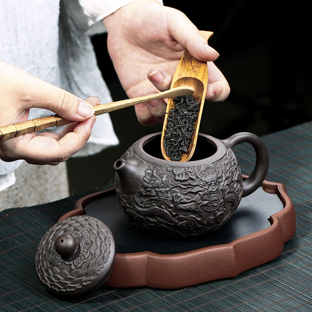 Black Clay Teapot Yixing Dragon Carved Gongfu 300ml