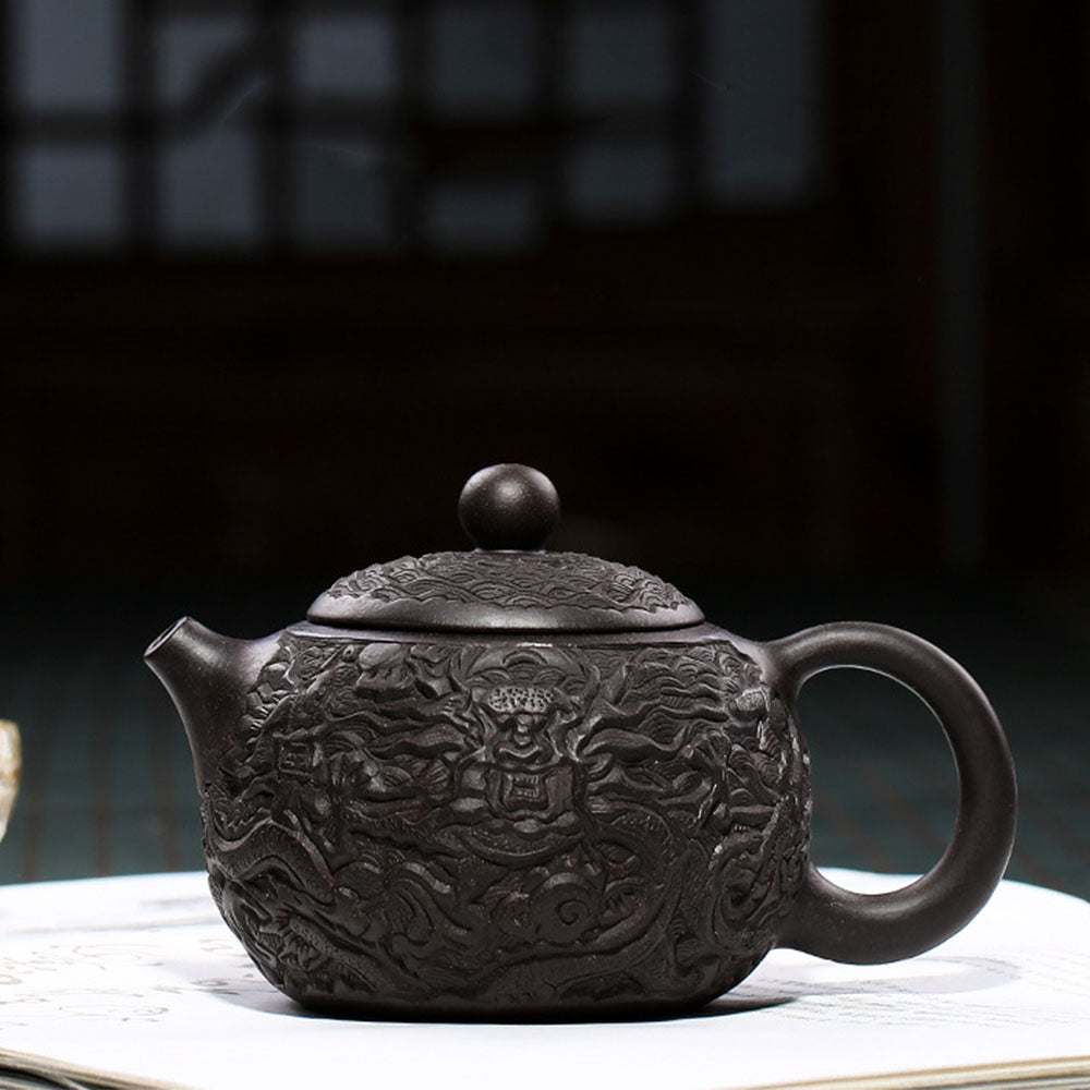 Black Clay Teapot Yixing Dragon Carved Gongfu 300ml