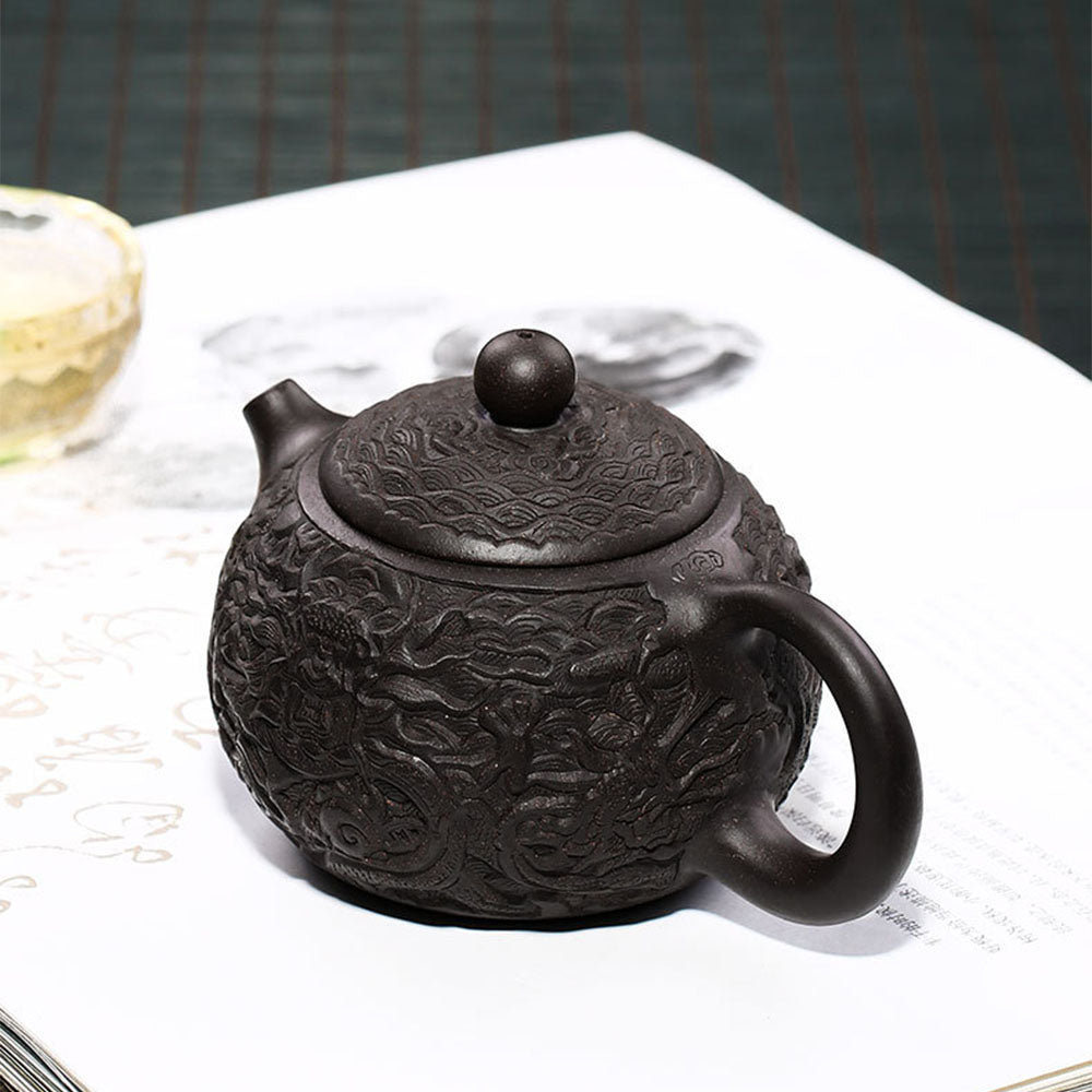Black Clay Teapot Yixing Dragon Carved Gongfu 300ml